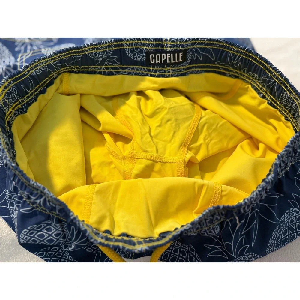 Capelle Hybrid Swim Trunks Mens M Blue Pineapple‎ Print Yellow Drawstring lined